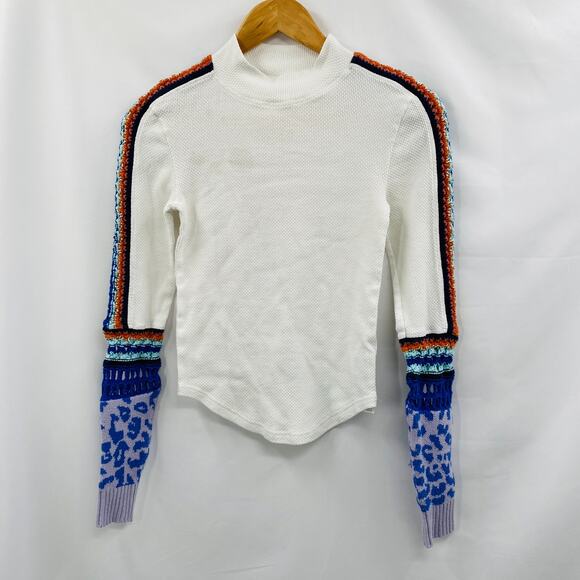 Free People white mock neck colorful knit crochet cuff thermal - Picture 7 of 10